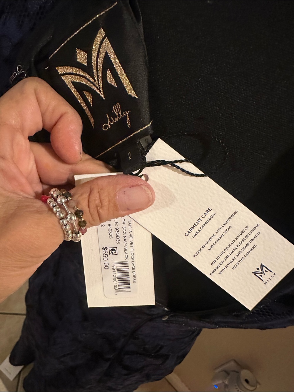 Milly Navy Blue Lace Maxi Dress with Black Velvet Geometric Overlay - Picture 3 of 3